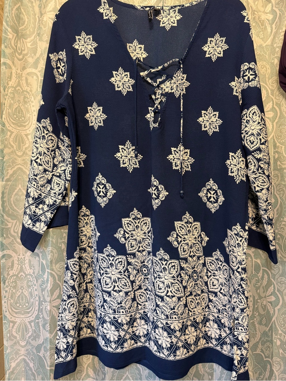 Navy Blue Lace-Up Gauze-Like Cover-Up with White Floral Embroideries